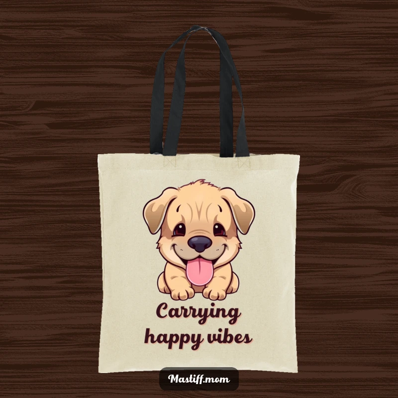 Funny Mastiff cub tote bag designed with a joyful puppy panting, great for shopping and spreading smiles everywhere.