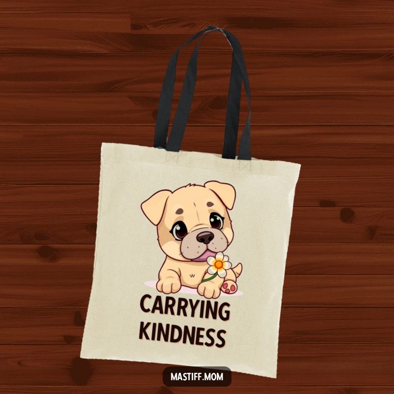 Funny Mastiff tote bag depicting a playful dog with kind eyes gently offering a single, lovely flower.