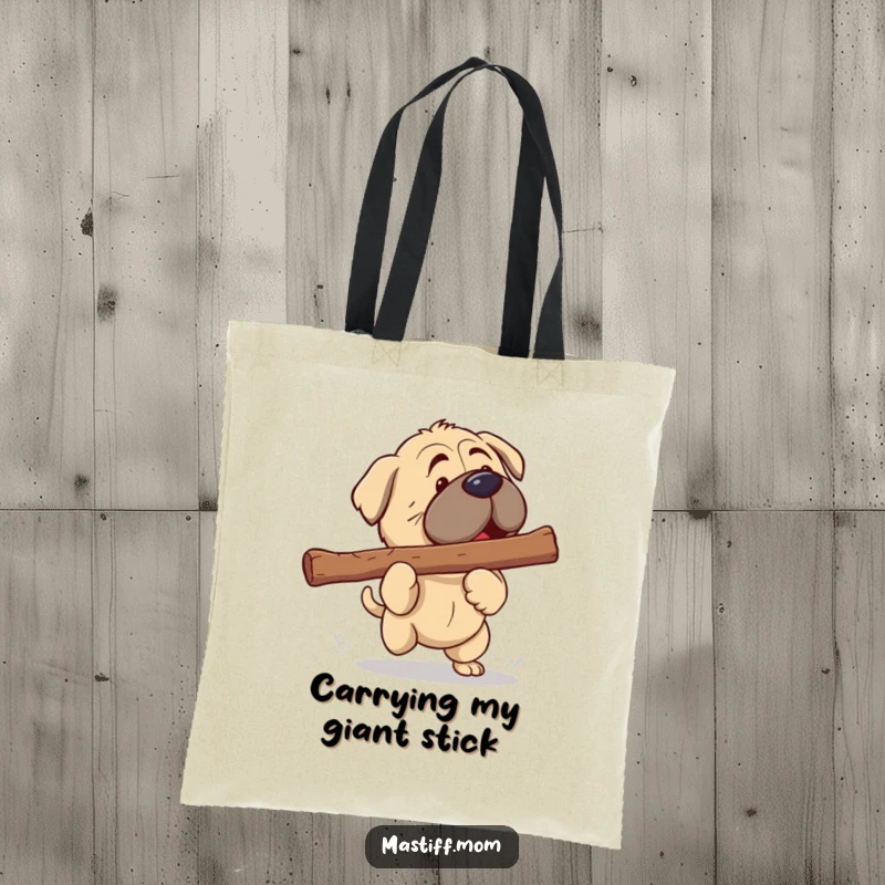 Funny Mastiff Tote Bag: Cute kawaii Mastiff happily playing fetch with an enormous stick, ready for adventure.