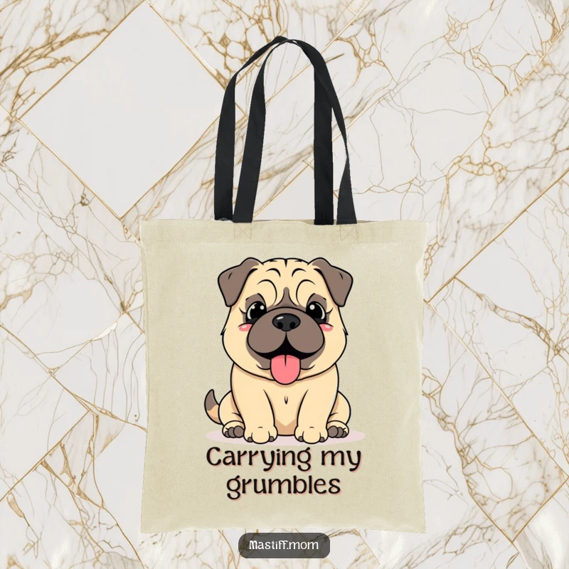 Funny Mastiff Grumble Tote Bag, featuring a kawaii mastiff with a soft, happy grumble, ideal for everyday use and carrying essentials.