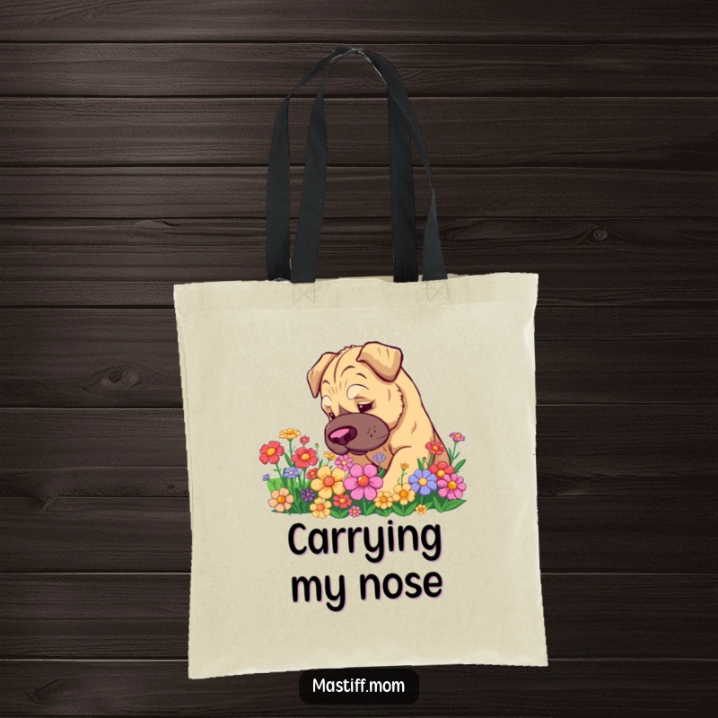 Funny Kawaii Mastiff Tote Bag: Adorable dog busy sniffing bright flowers, a humorous and charming accessory for everyday use.