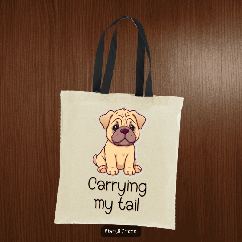 Funny Mastiff Puppy Tote Bag: A lovable kawaii dog sits, its tail wagging enthusiastically.