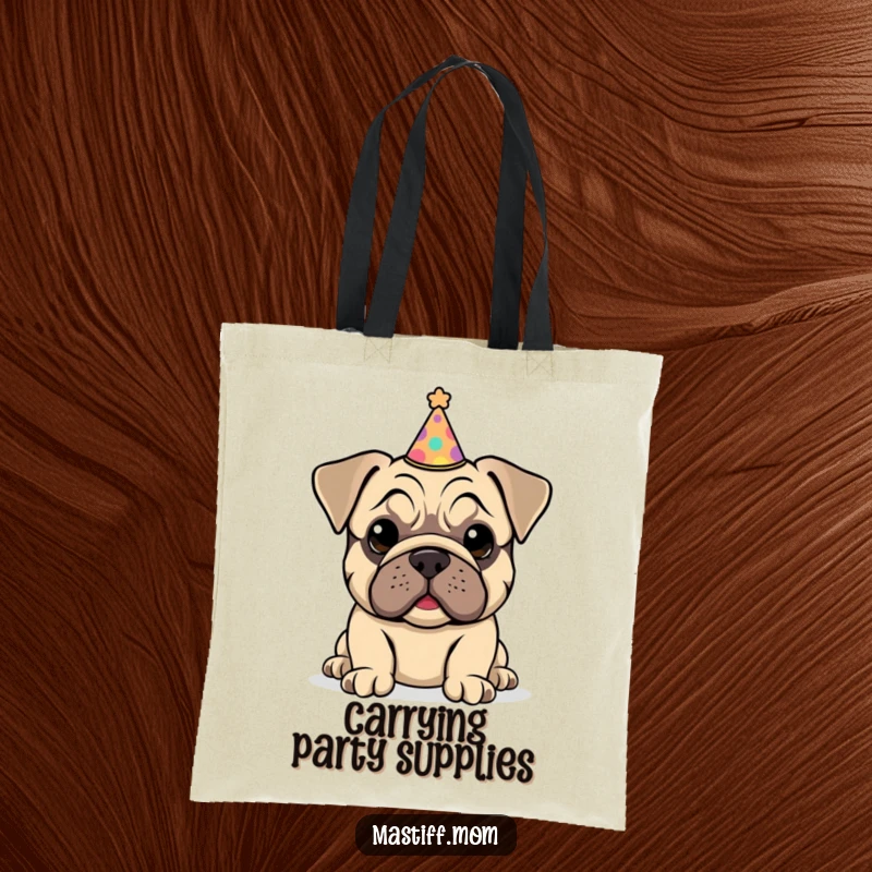 Funny Kawaii Mastiff Puppy Tote Bag print of a happy puppy wearing a small, charmingly crooked party hat.