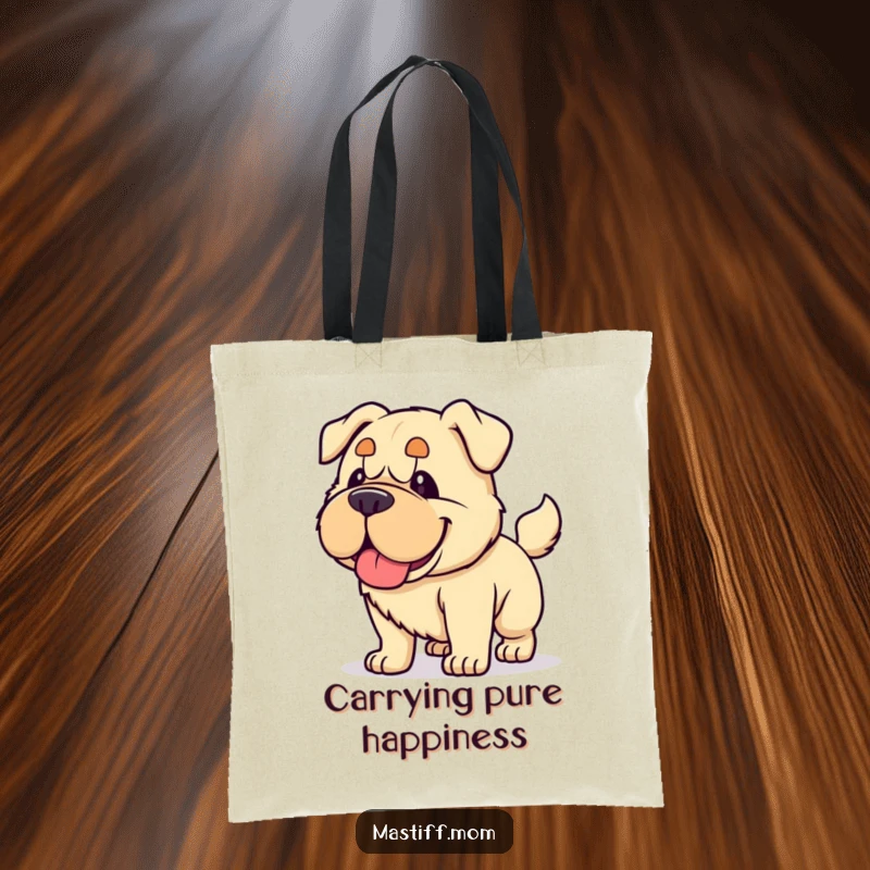 Funny Kawaii Mastiff tote bag, showing a dog happily panting and wagging its tail vigorously, a symbol of pure, unadulterated joy.