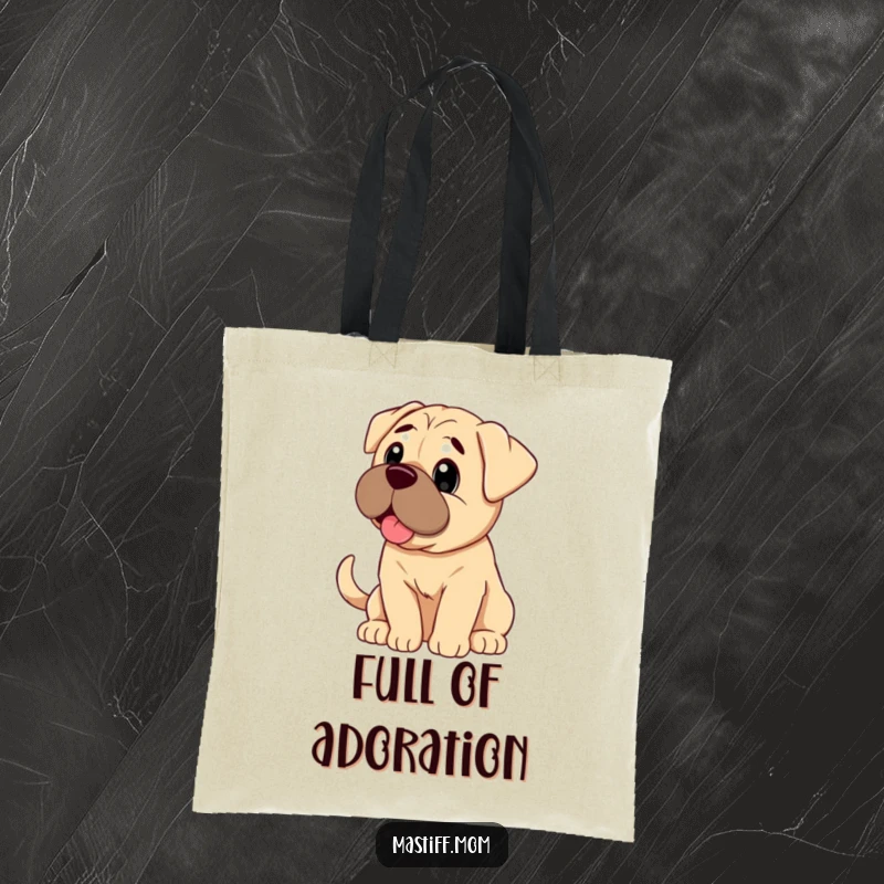 Funny Mastiff dog looking with pure adoration and a wagging tail, printed on a durable tote bag.