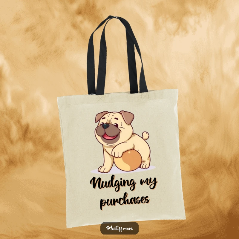 Funny happy Mastiff dog tote bag, showing a gentle giant playfully nudging a ball, a stylish and humorous bag.