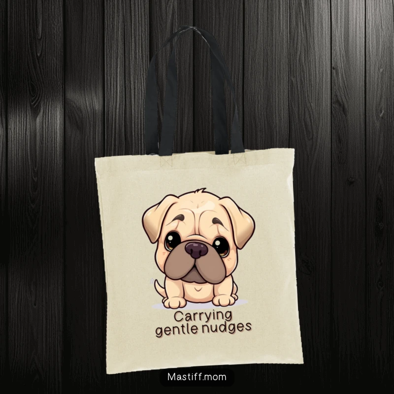 Funny Kawaii Mastiff Tote Bag, giving a gentle nudge with its oversized head, perfect for carrying essentials with love. A humorous and practical accessory.