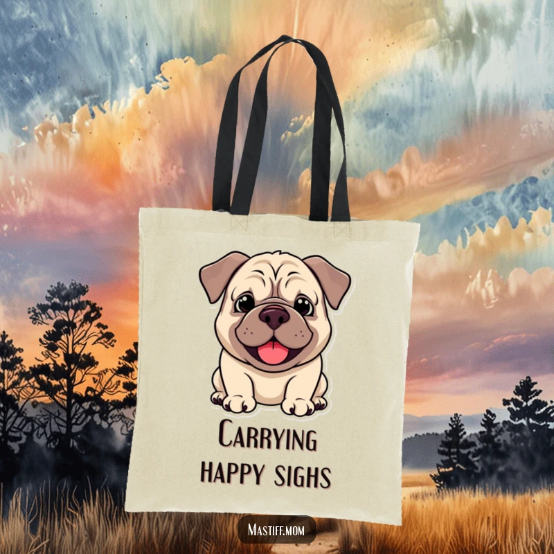 Funny Kawaii Mastiff Tote Bag, showcasing a happy droopy smile and panting, perfect for carrying essentials with cheer. A humorous and practical accessory.