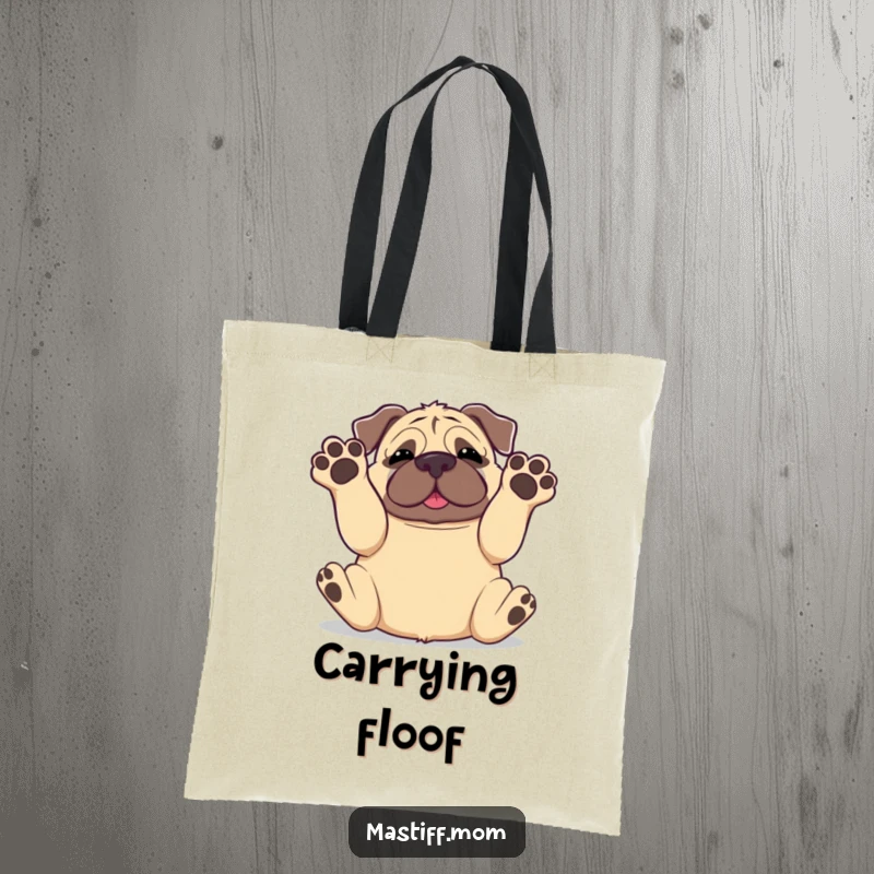 Funny Kawaii Mastiff Rolling Onto Back Paws in Air Tote Bag, reusable shopping bag, cute dog graphic, humorous pet owner accessory.