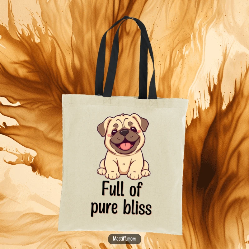 Funny Kawaii Mastiff Puppy Tote Bag print of a happy puppy dramatically flopping over with sheer delight.