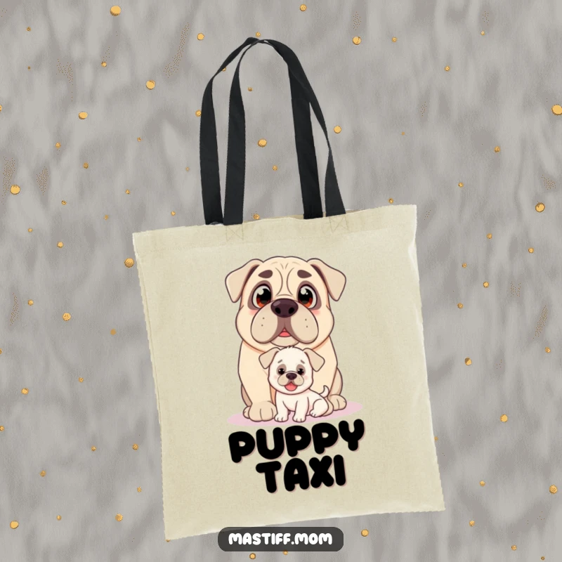 Funny Kawaii Mastiff tote bag, with loving eyes, nudging a small, happy puppy, humorous and practical.