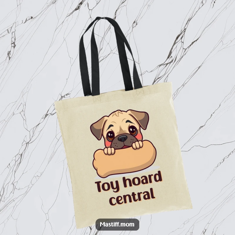 Funny Kawaii Mastiff Puppy Tote Bag depicting a precious dog peeking from behind its favorite gigantic chew toy, full of glee.