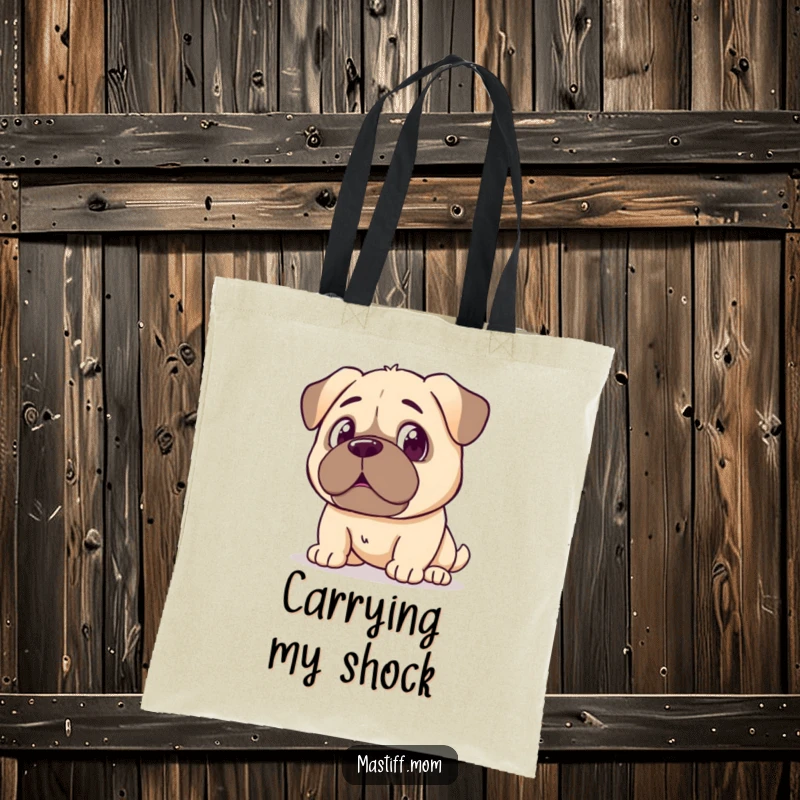 Funny Kawaii Mastiff Tote Bag, looking surprised at its reflection, perfect for carrying essentials with a chuckle. A humorous and practical accessory.