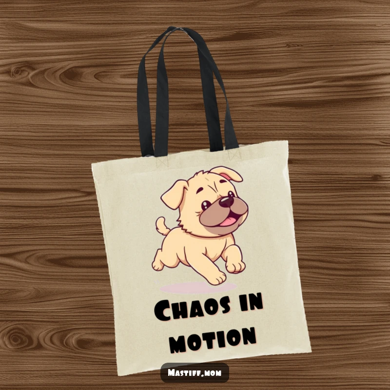 Funny Kawaii Mastiff Puppy Tote Bag showing a cute dog running with enthusiastic wiggles, perfect for carrying items with joy.