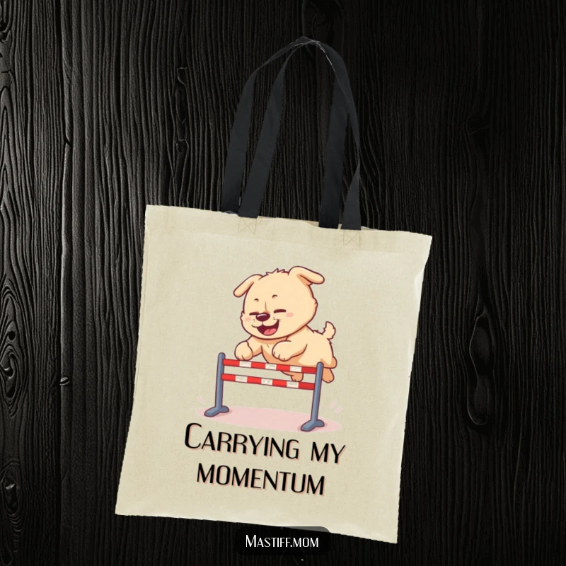 Funny Kawaii Mastiff tote bag, depicting a dog in a clumsy, joyous leap over a small hurdle, symbolizing effort and fun.