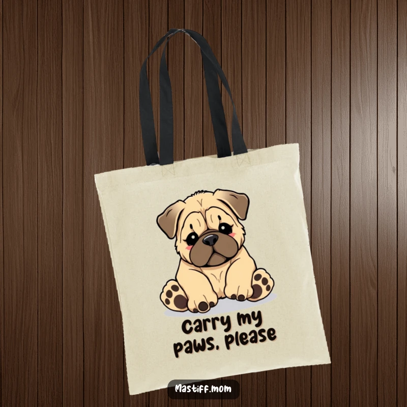 Funny Kawaii Mastiff puppy tripping over its giant paws, printed on a durable tote bag, a practical funny gift.