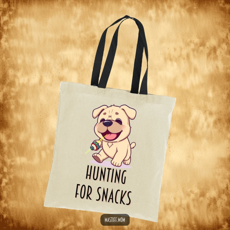 Funny Kawaii Mastiff tote bag depicting a happy panting dog hilariously chasing a red laser pointer dot, great for carrying treasures.