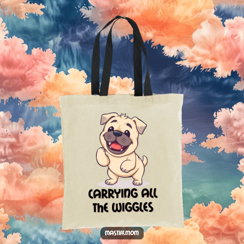 Funny Kawaii Mastiff Tote Bag with a happy dog doing an enthusiastic, wobbly wiggle.
