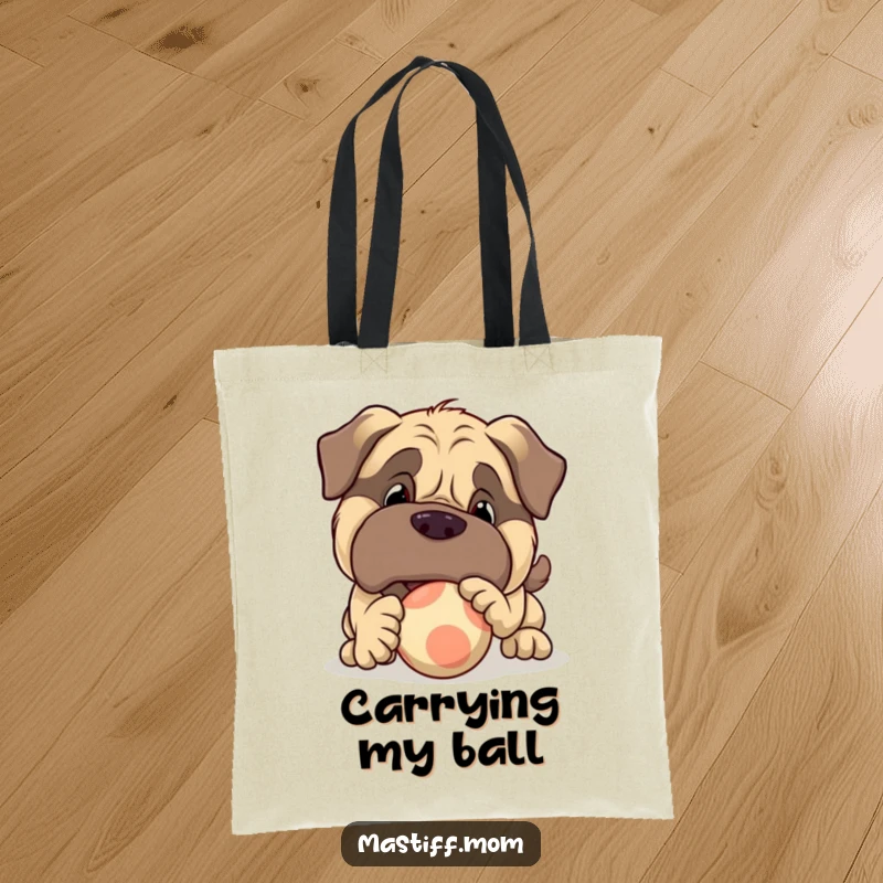 Funny large Mastiff character tote bag showing a dog playfully nudging a bouncy ball, perfect for carrying items with style.