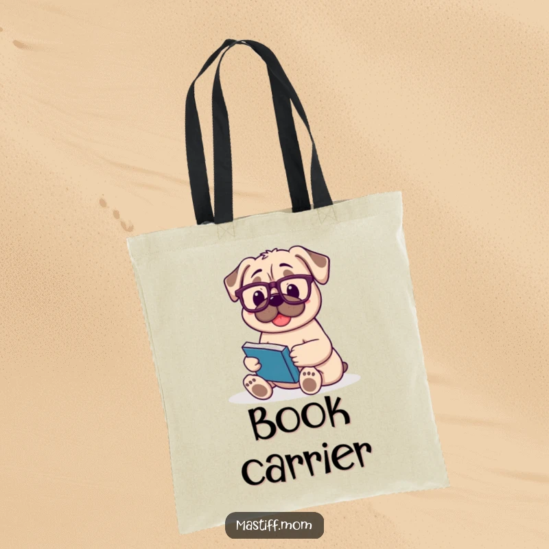 Funny Mastiff tote bag with a happy dog wearing reading glasses, contentedly holding a book.