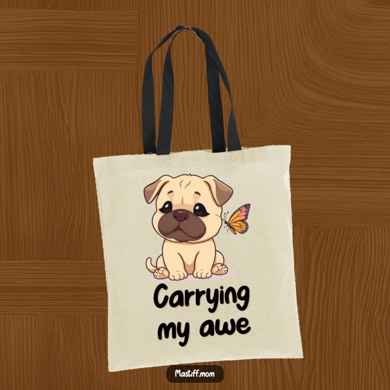 Funny Mastiff Tote Bag with a huge dog looking stunned by a small butterfly. Practical and hilarious for everyday use.
