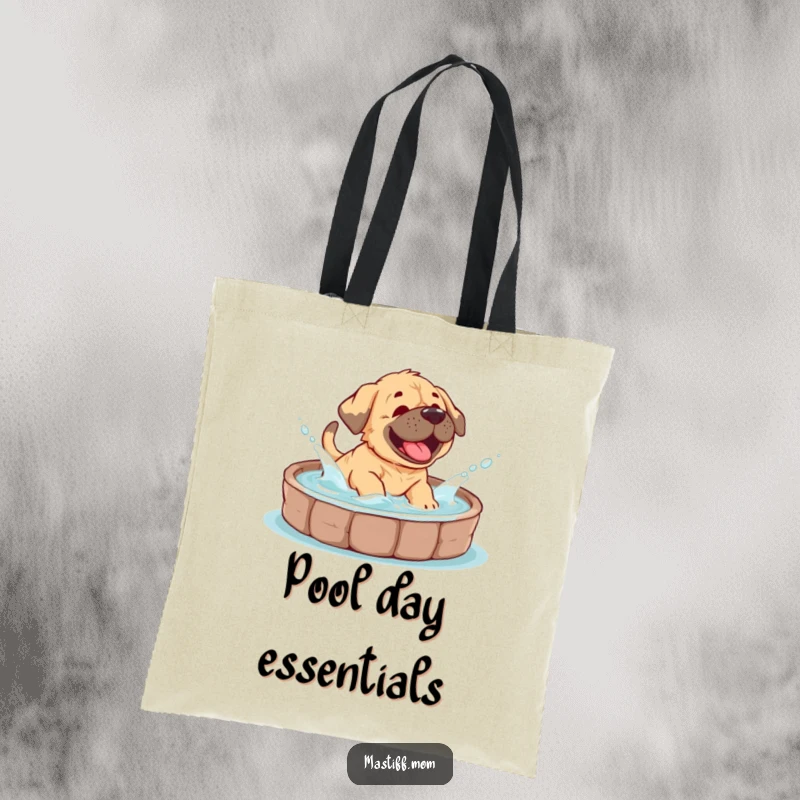 Funny Mastiff cub tote bag illustrating a happy puppy giggling as it splashes water in a shallow dog pool.