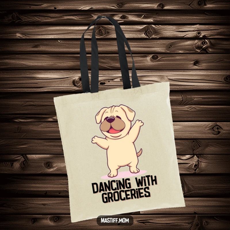 Funny Mastiff Dance Tote Bag, showing a kawaii mastiff happily dancing with droopy ears, ideal for everyday use and carrying essentials.