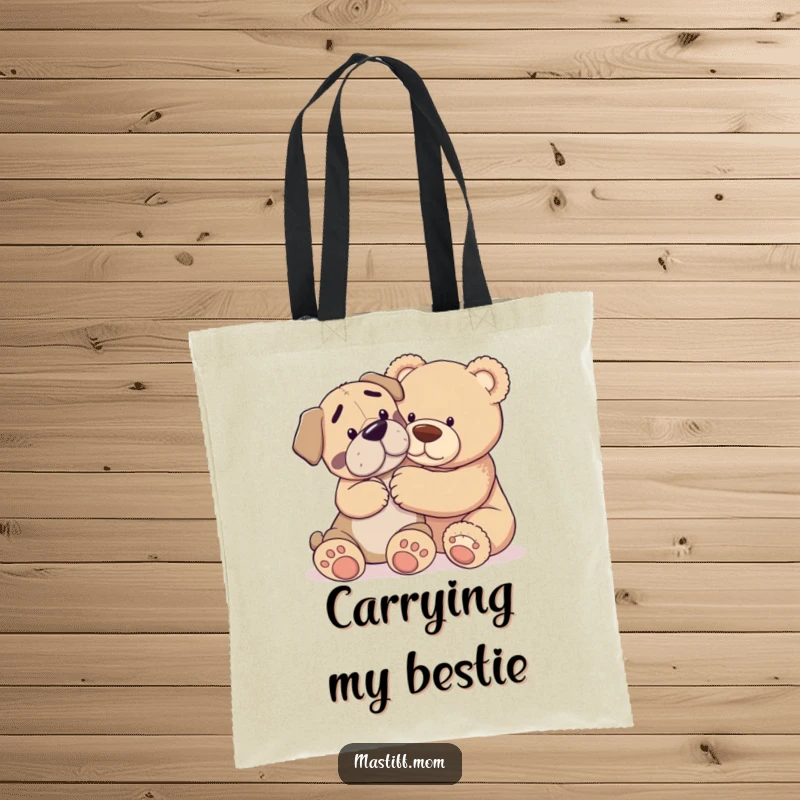 Funny tote bag depicting a Mastiff dog gently nudging a giant teddy bear, embodying sweet interactions and large-breed affection.