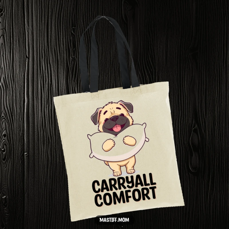 Funny Mastiff tote bag with a joyful dog carrying a comically large, soft pillow, ready for any adventure.