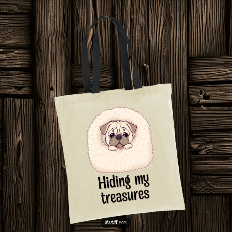 Funny Kawaii Mastiff tote bag depicting a curious dog peeking inquisitively from behind a colossal, fluffy blanket, great for carrying secrets.