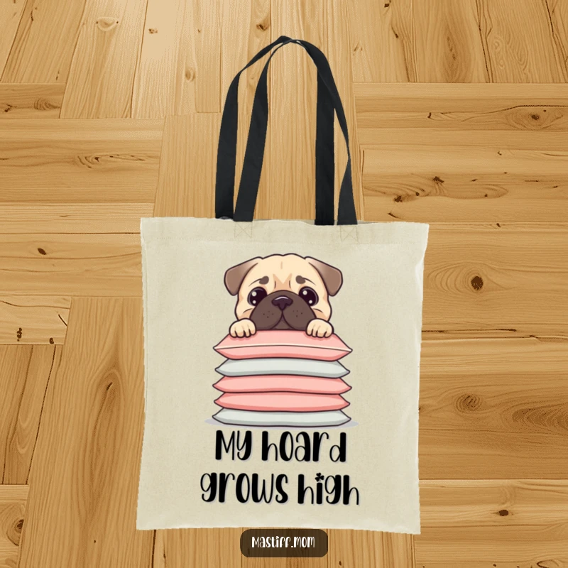 Funny Kawaii Mastiff peeking over a tall stack of cushions, on a durable tote bag, a practical funny gift.
