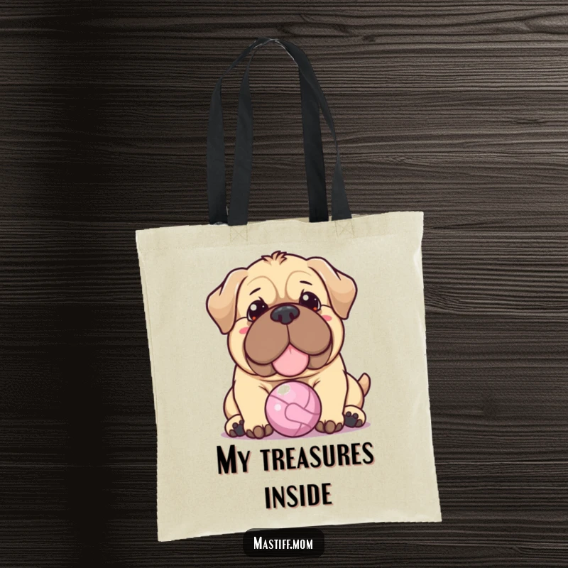 Funny Kawaii Mastiff tote bag featuring a dog with a warm expression gently nudging a tiny ball, perfect for carrying essentials with sweetness.