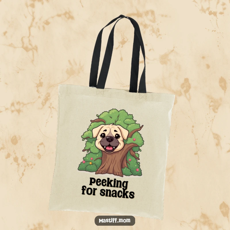 Funny happy Mastiff dog tote bag, showing a gentle dog peeking from behind a tree, a fun and practical accessory.