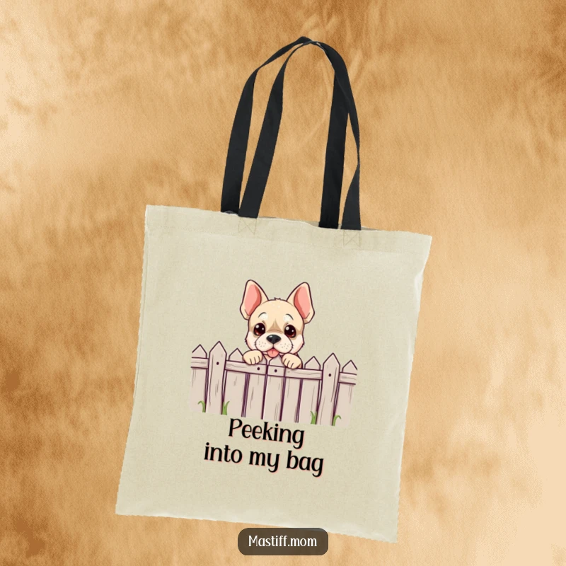 Funny Mastiff character tote bag showing a dog playfully peeking over a comically low fence, perfect for carrying items.